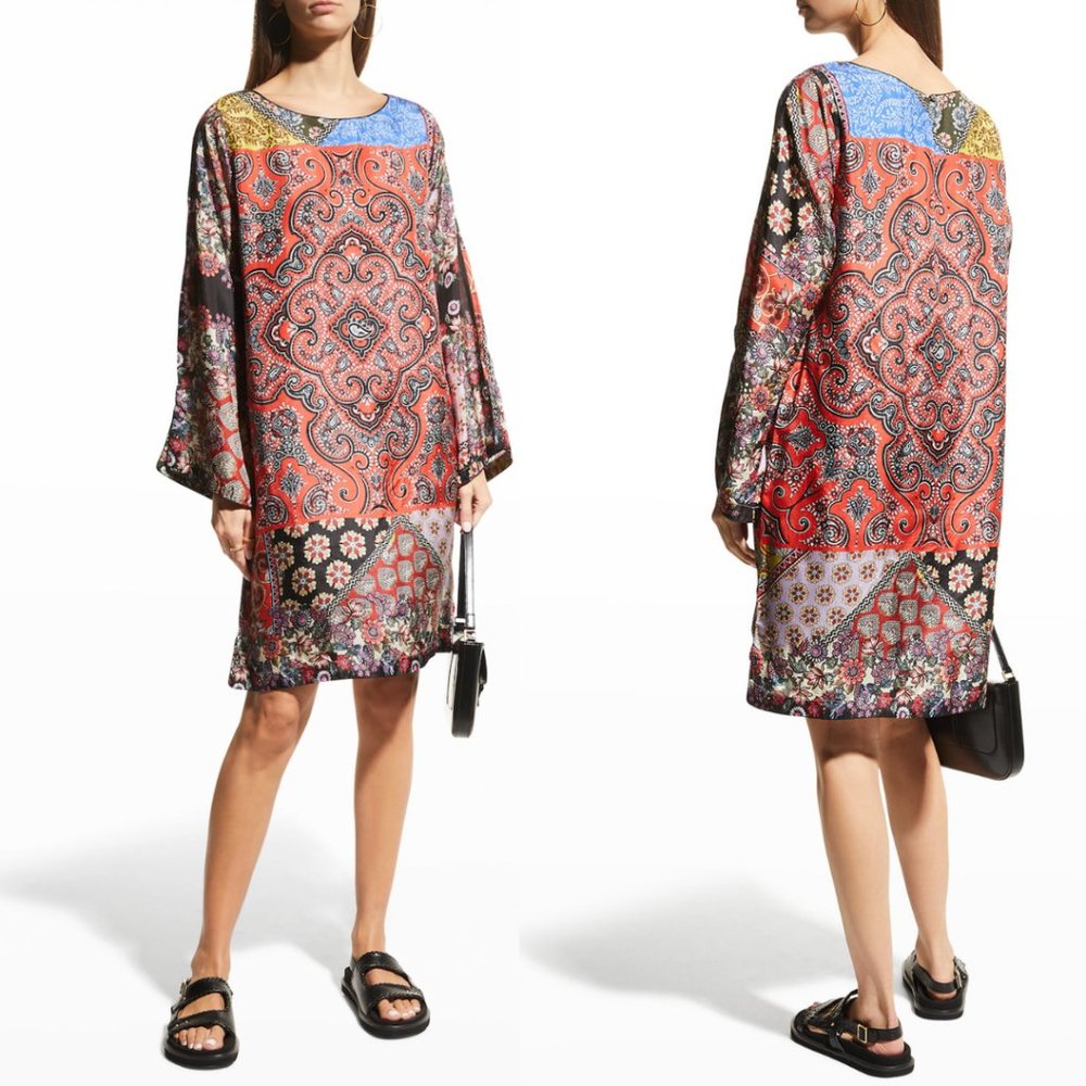 Johnny Was NWT Moa Kabelo Habutai Printed Silk Tunic Boho Mini Shift Dress XS